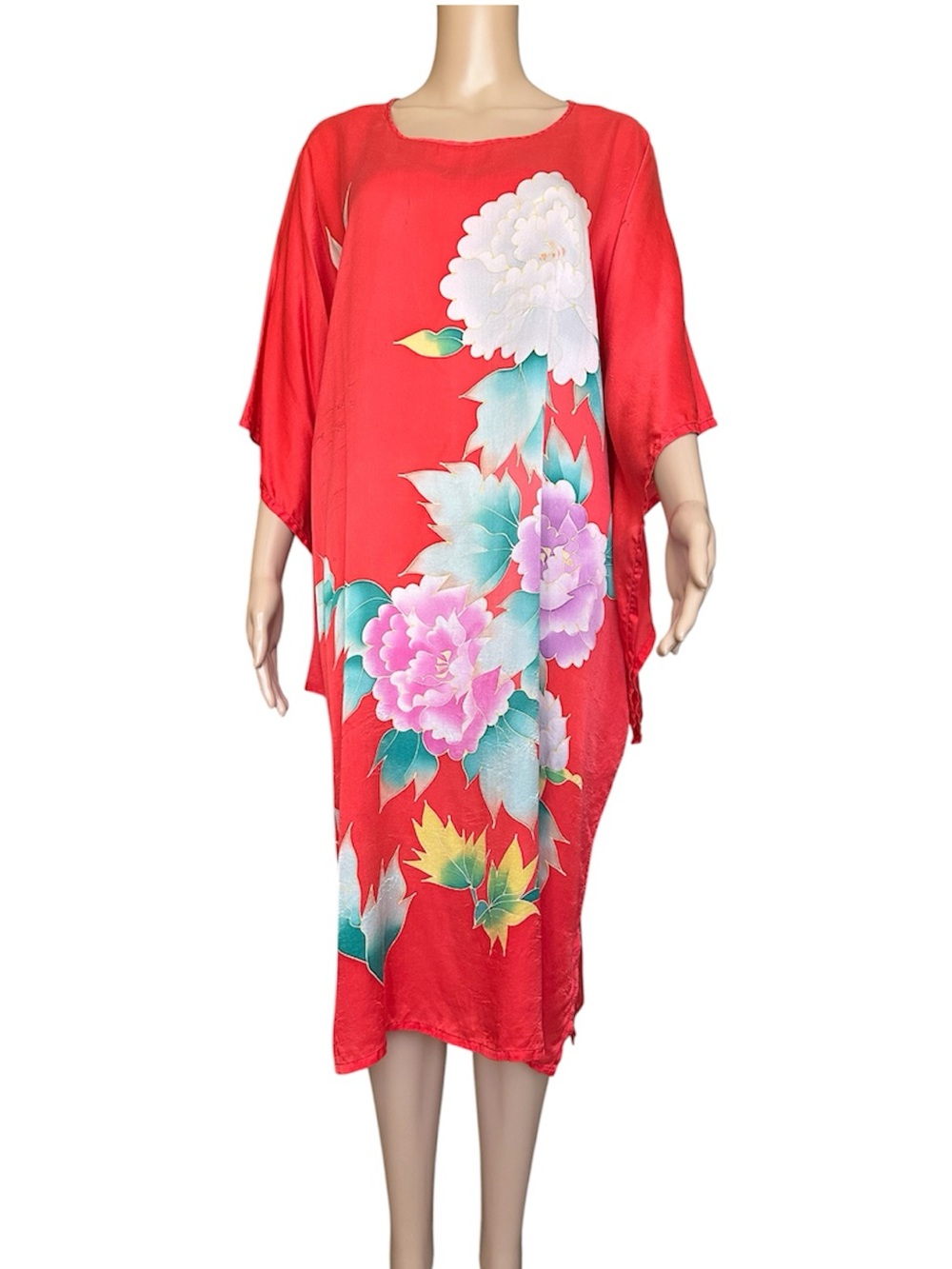 Tang Yi 100% Silk Red Floral Asian Oriental Kimono Dress Robe One Size
